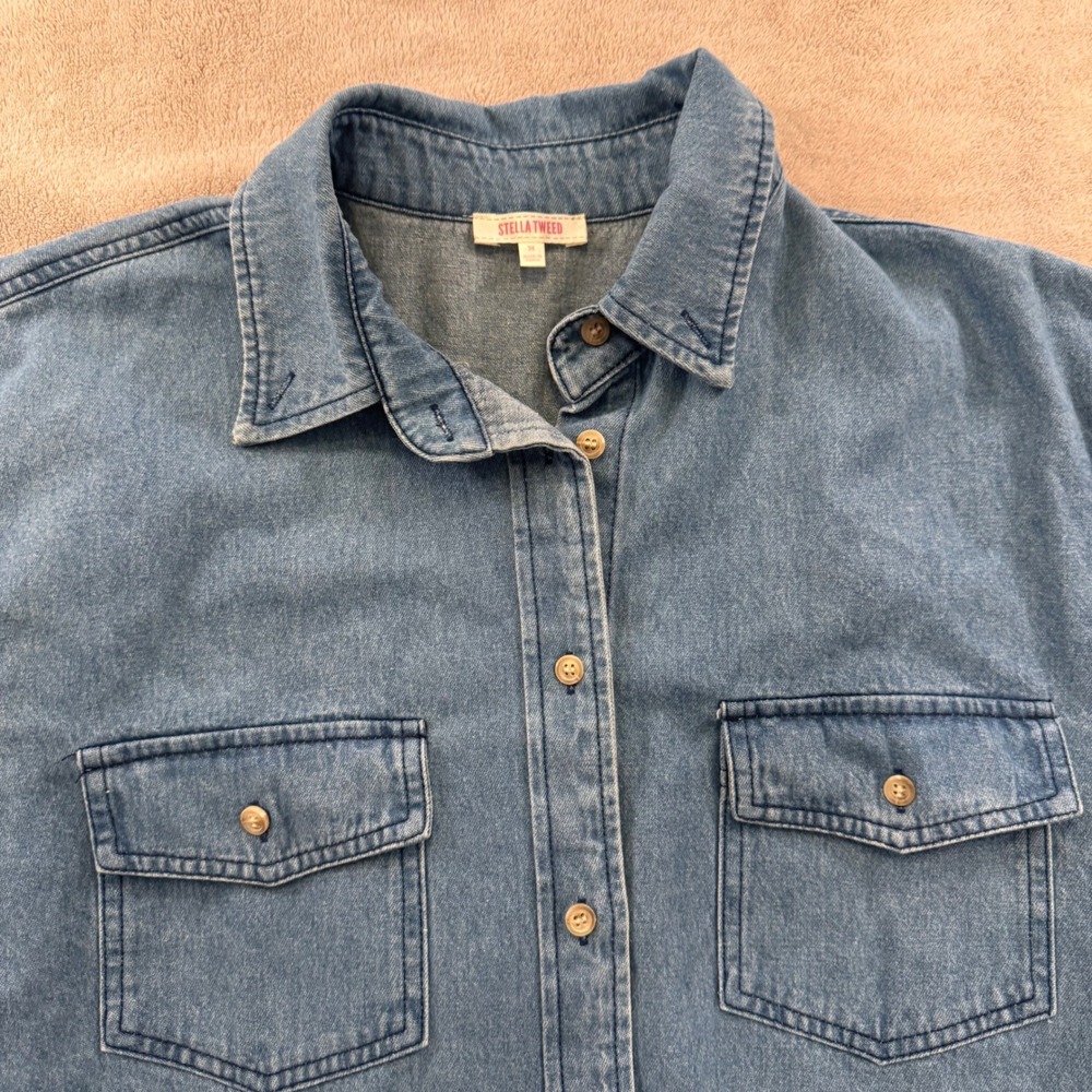 NWT Denim Cropped Casual Shirt Jacket Athleisure Boxy Western Utility Blue Sz M - Picture 3 of 9